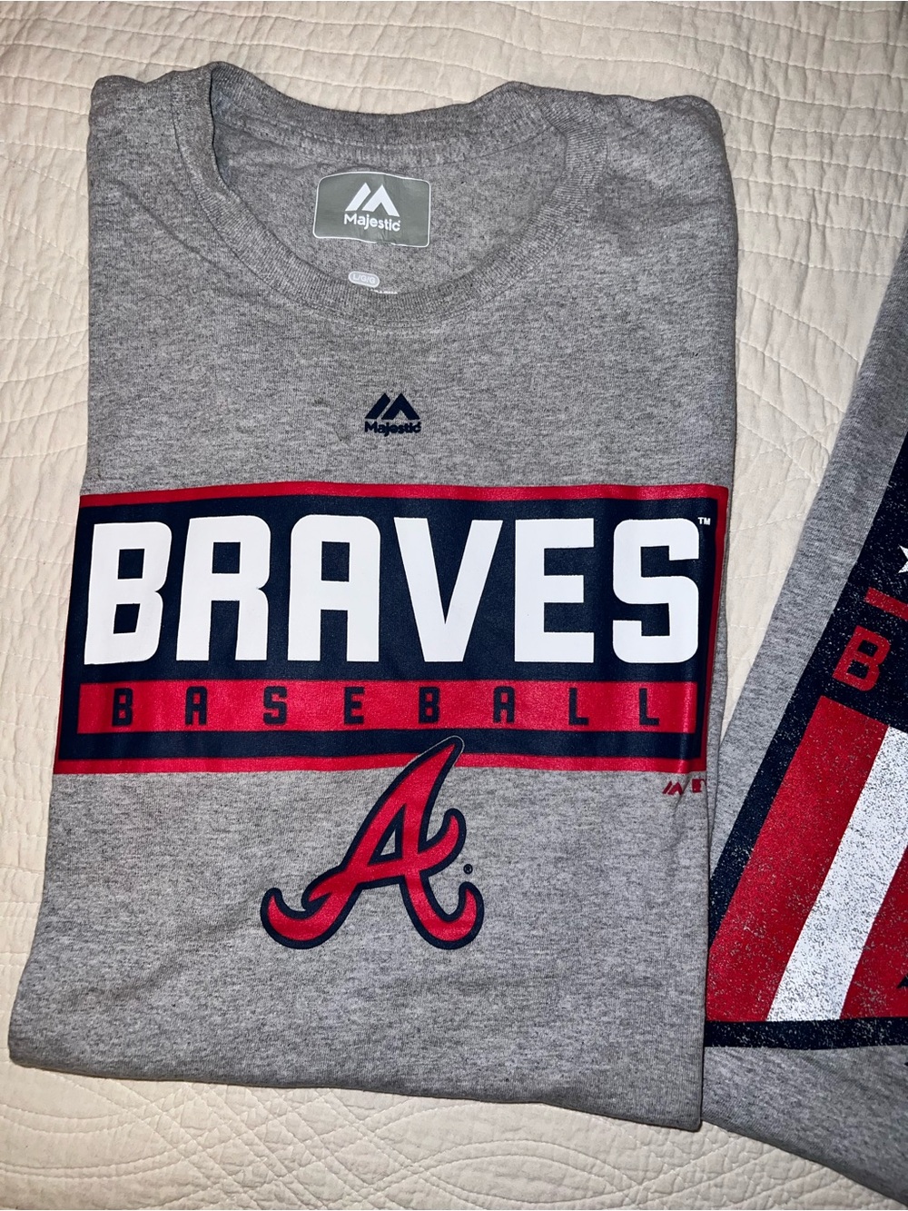 TWO Majestic Gray Atlanta Braves Graphic Tees - Red & Navy Logos - Picture 3 of 9